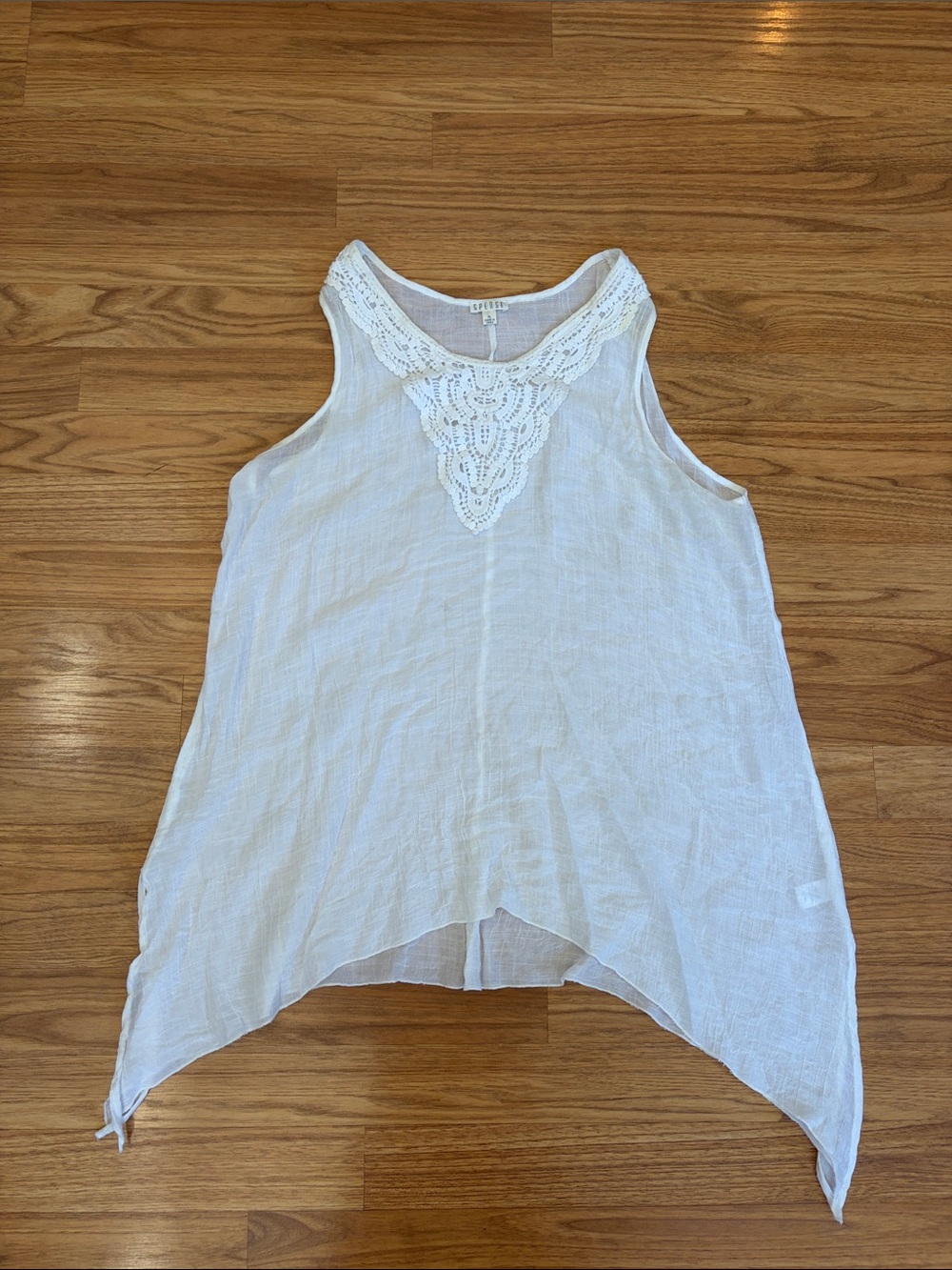 Spense White Sleeveless Crochet Yoke Handkerchief-Hem Tank